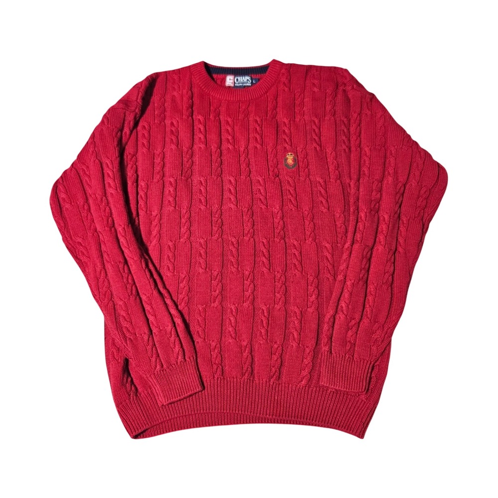 Vintage Chaps Ralph Lauren Mens L Red Cable Knit Crewneck Sweater Crest Logo L/S